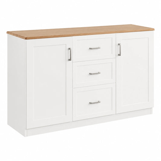Credenza Moderna Bianca con Piano Rovere, 2 Ante e 3 Cassetti, Mobile Soggiorno e Cucina