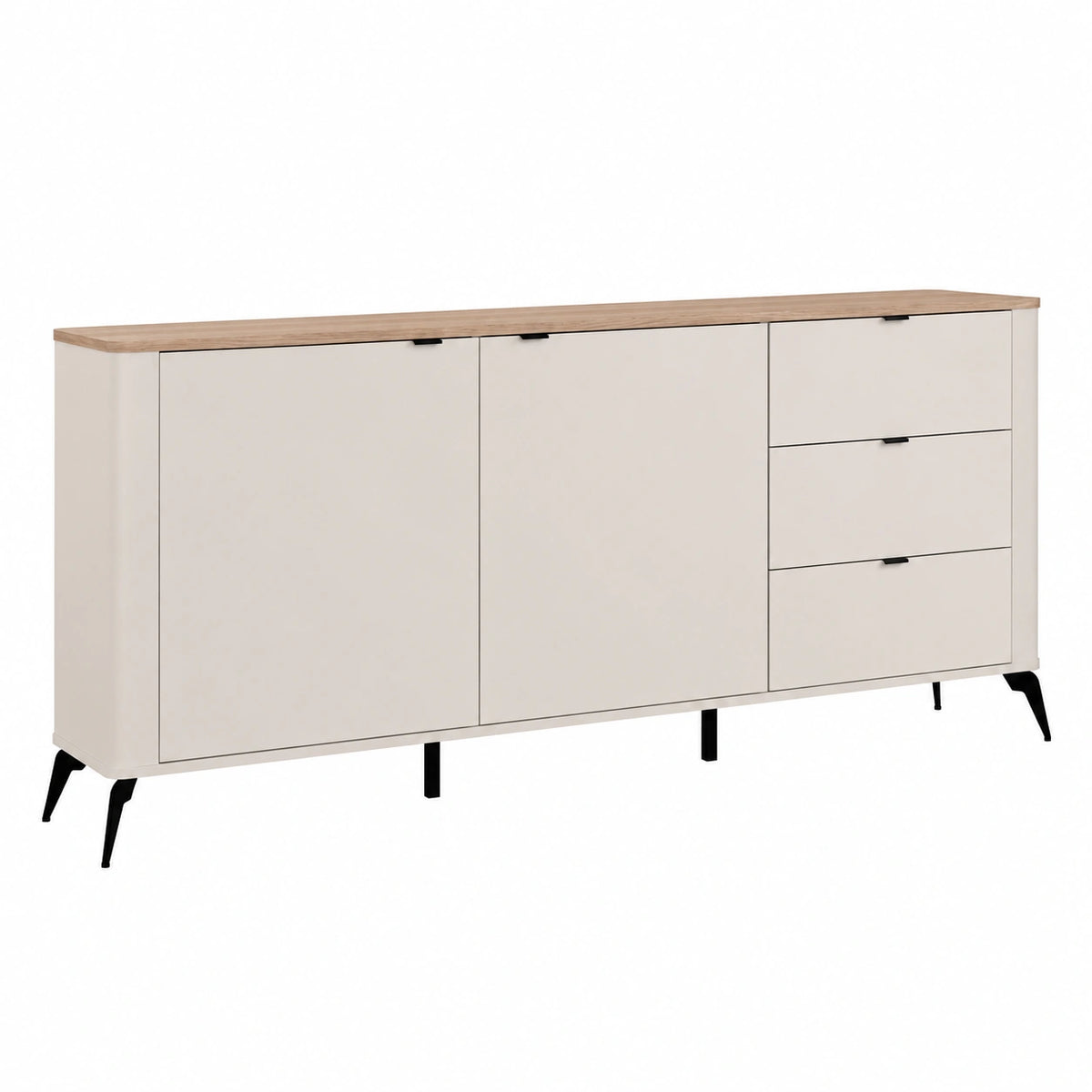 Credenza Moderna 183 cm in Rovere con 2 Ante e 3 Cassetti, Chiusura Ammortizzata, Gambe in Metallo Nero