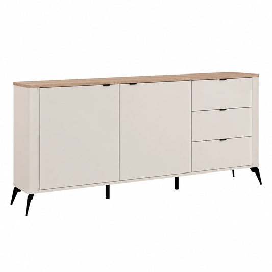 Credenza Moderna 183 cm in Rovere con 2 Ante e 3 Cassetti, Chiusura Ammortizzata, Gambe in Metallo Nero