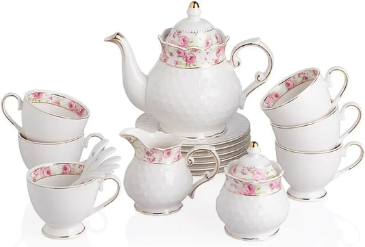 Sweejar 21 Piece Porcelain Tea Set - Vintage British Floral Relief Gold Rimmed Teapot Cup and Saucer Set, Tea Set Service with Teapot, Sugar Bowl