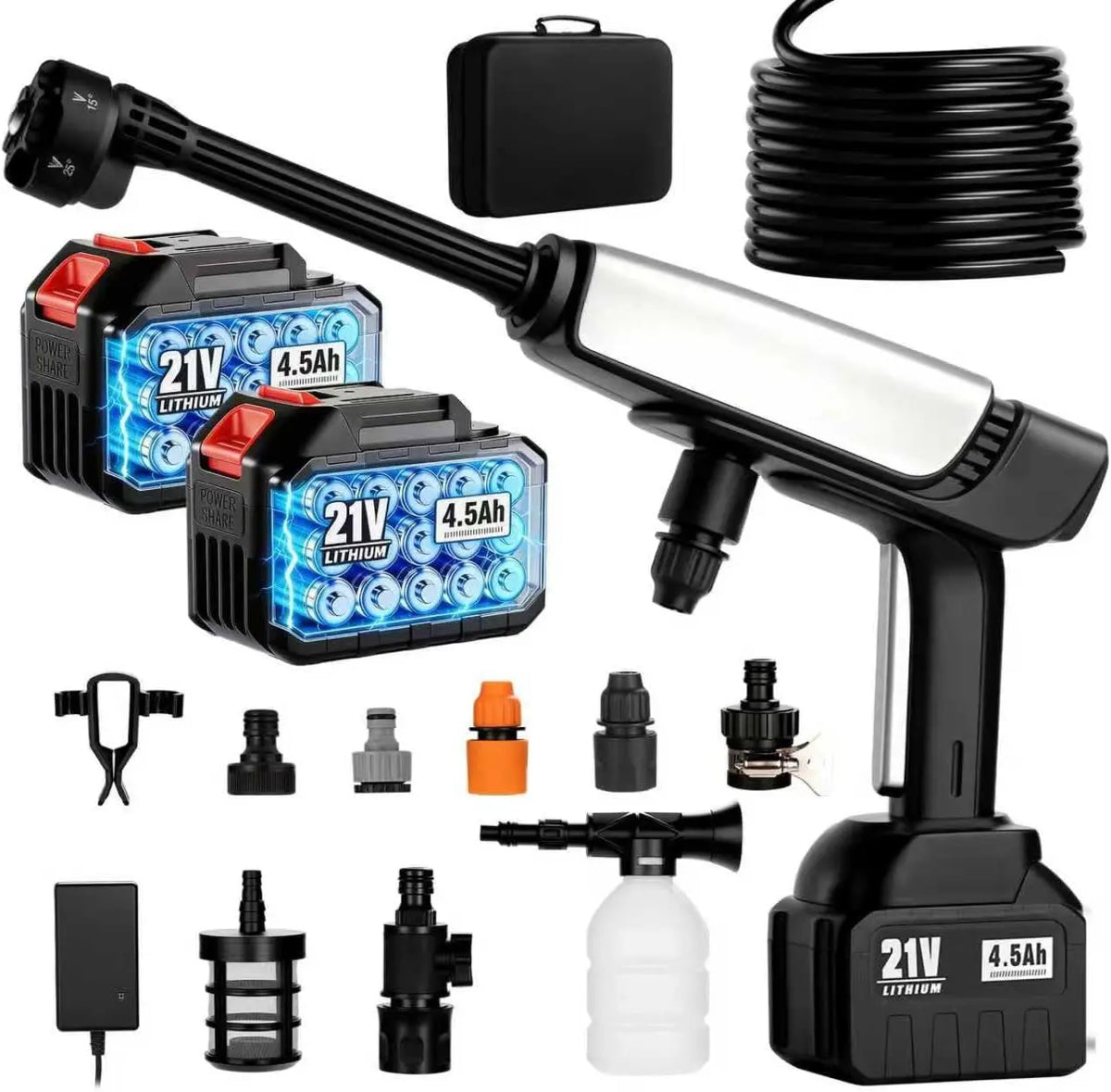 Cordless Pressure Washer Battery Powered - Portable Power Washer with 2pcs 4.5Ah 21V Battery&Charger & 6-in-1 Nozzle, 2 Power Level & on/Off Button