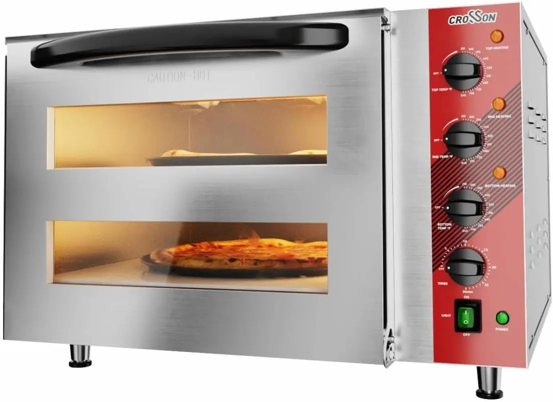 CROSSON Commercial Double Deck 18 Inch Countertop Electric Pizza Oven with 15mm Thick Pizza Stone - Indoor Pizza Bakery Oven for Commercial Use Only
