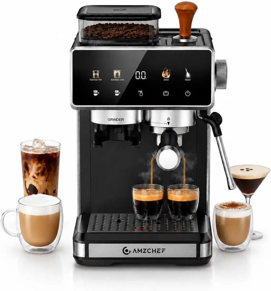 AMZCHEF Espresso Machine with Grinder - 20 Bar, Latte & Cappuccino, Black