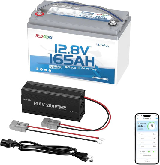 Redodo 12V 165Ah LiFePO4 Battery - With 14.6V 20A Lithium Charger