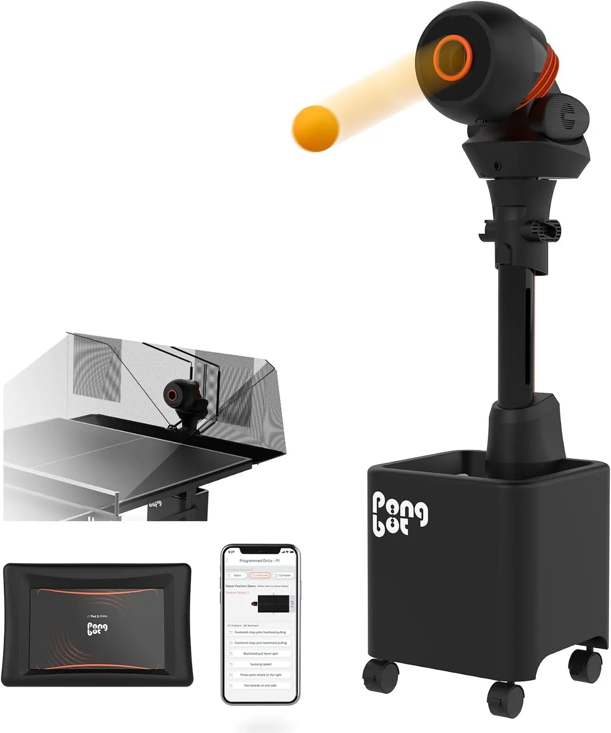 PONGBOT Table Tennis Robot with Net Ping Pong Ball Machine - Remote/APP Control, 576 Pre-saved Trajectories, Automatic Oscillation