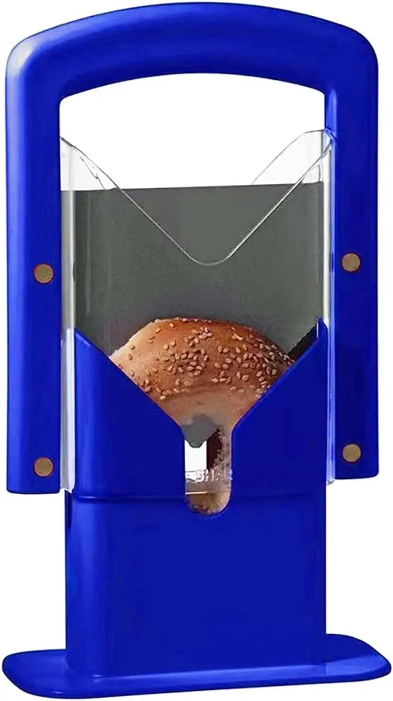 Bagel Slicer - Manual Precision Cutter with Safety Shield & Non-Slip Handle, Stainless Steel Bagel Blade, Universal Slicer, Klein Blue
