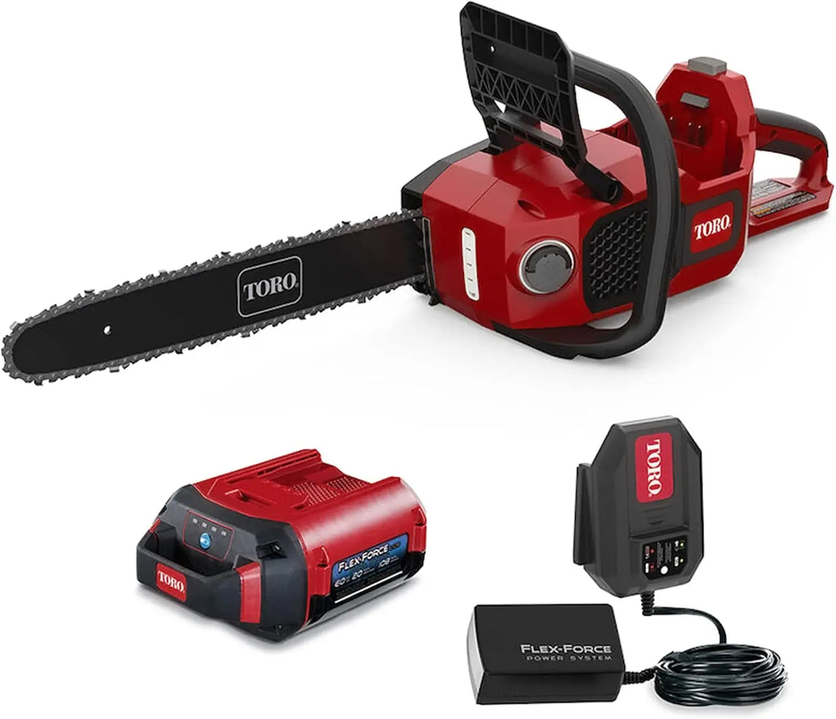 Toro Flex-Force 60-Volt Max 16-Inch Lithium-Ion Electric Chainsaw with 3-Phase Brushless RunSmart Motor - 2.0 Ah Battery, and Charger, Red