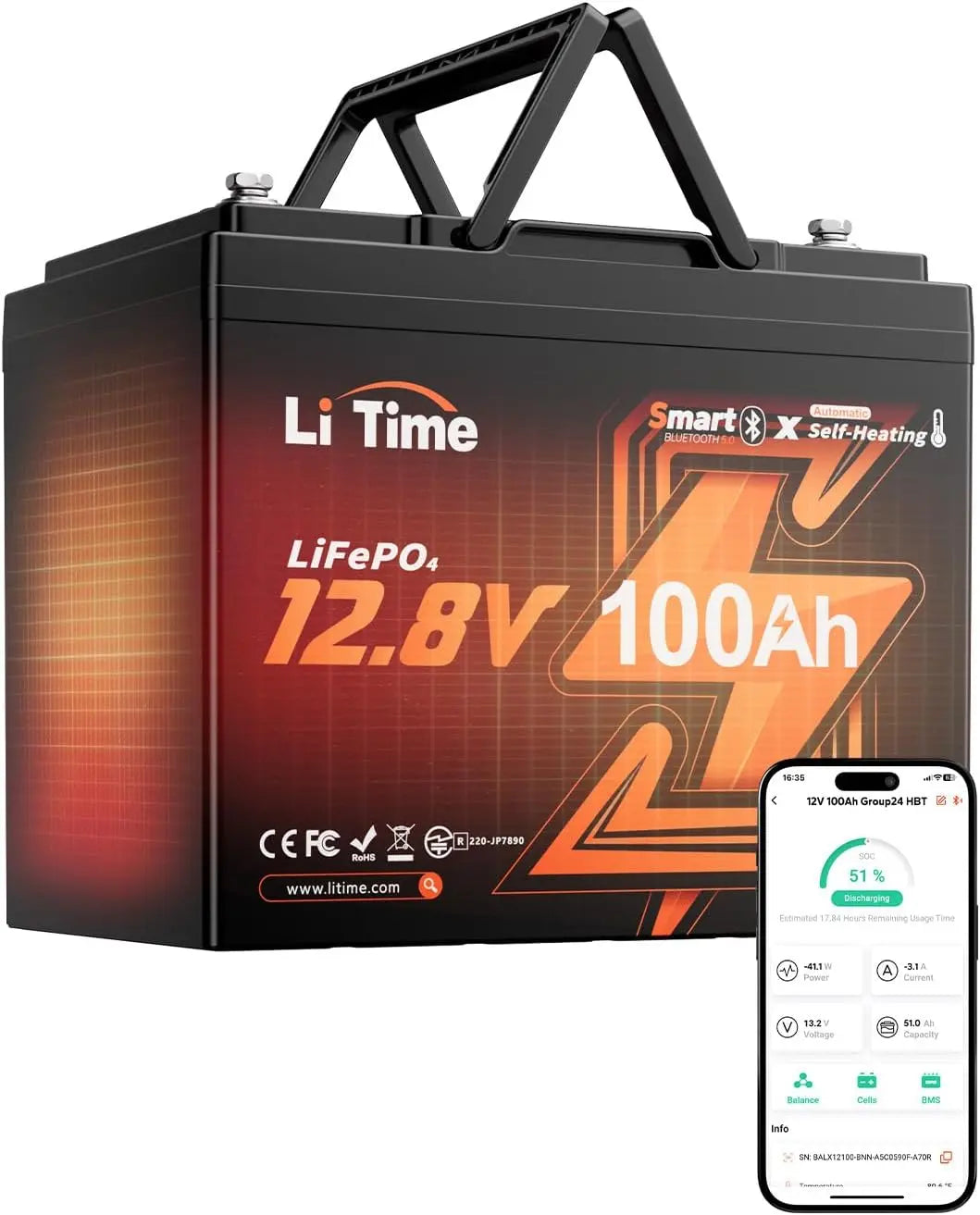 LiTime - 12V 100Ah Group 24 Self-Heating LiFePO4 Battery for RV Solar Marine