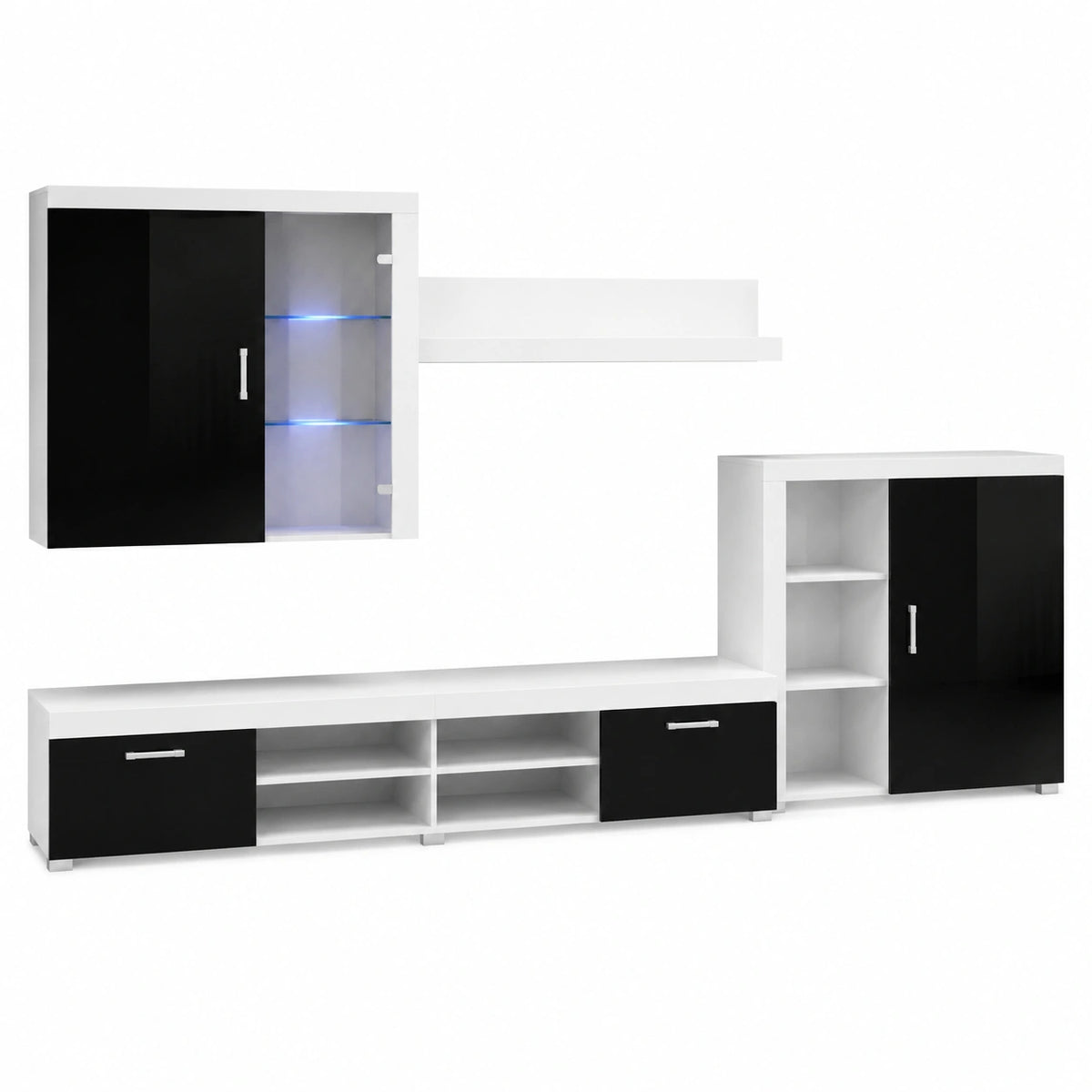 Skraut Home - Parete Attrezzata Moderna con LED, 200x290x45 cm, Bianco/Nero, Modello Gamma