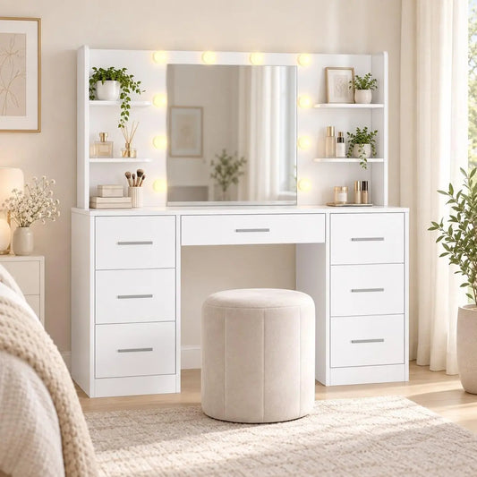 Makeup Vanity Desk with Lights - Power Outlet, 7 Drawers & 4 Shelves