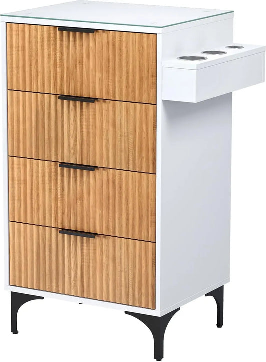 OmySalon Salon Station - Barber Station for Hair Stylist, Storage Cabinet with Glass Top & Drawers & Heat Resistant Dryer Holders, Wood White