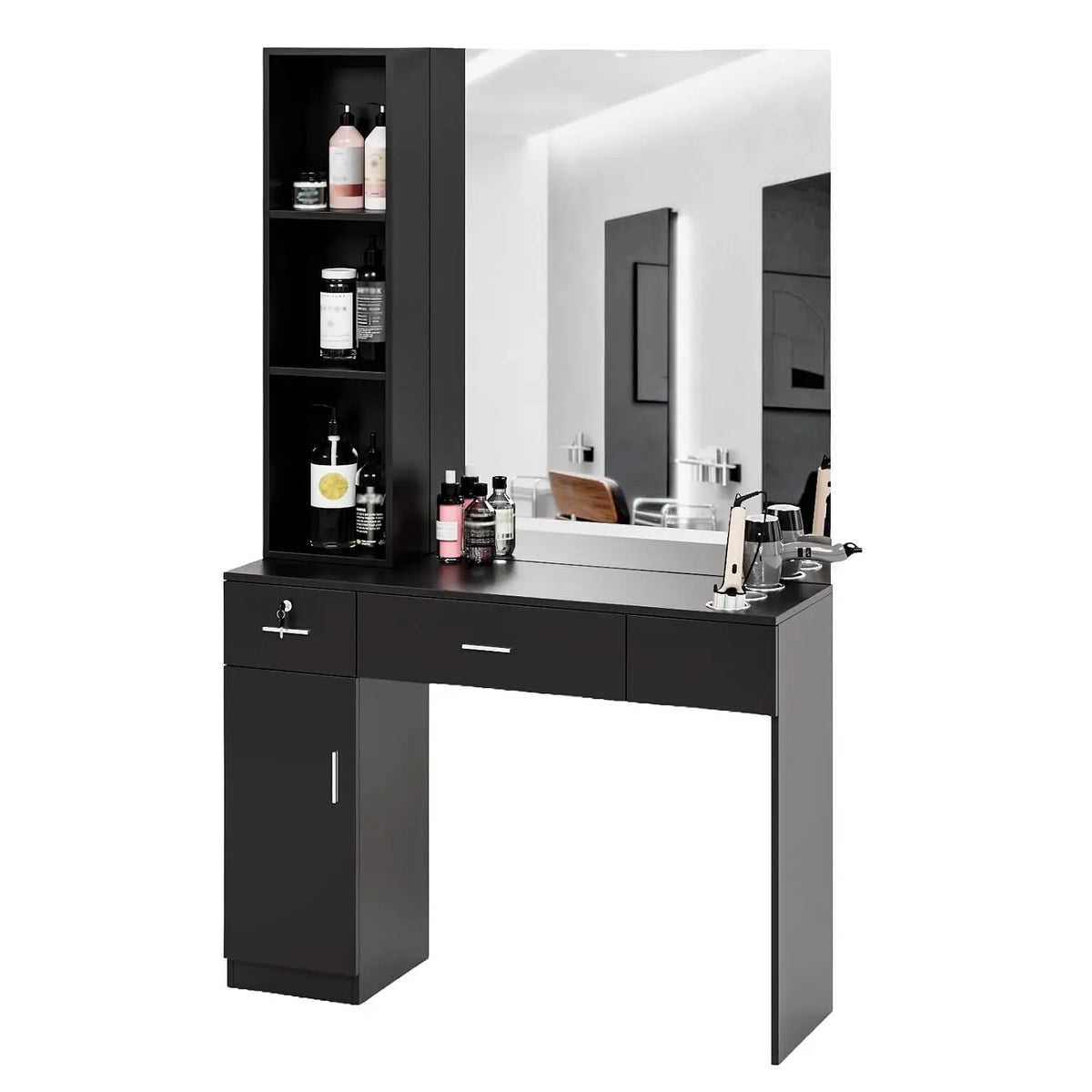 OmySalon Barber Station with Mirror - Hair Salon Station for Hair Stylist, 2 Drawers, 1 Storage Cabinet, Black