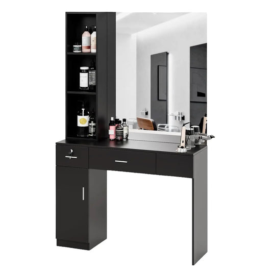 OmySalon Barber Station with Mirror - Hair Salon Station for Hair Stylist, 2 Drawers, 1 Storage Cabinet, Black