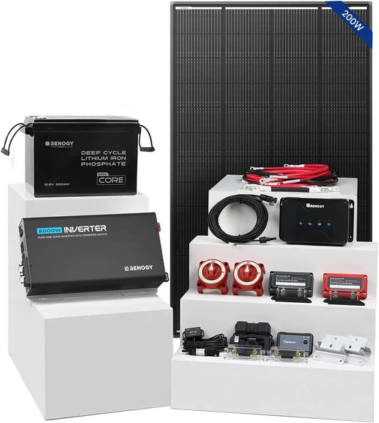 Renogy 200W ShadowFlux N-Type RV Solar Panel Kit - 3.8KWh Anti-Shading Solar Solution, W/3840Wh LiFePO4 Battery, 50A DC-DC Charger, 2000W PUH Inverter