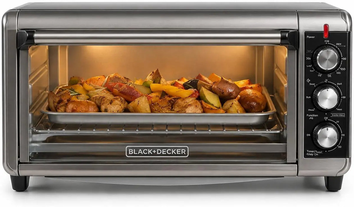 BLACK+DECKER TO3250XSBD 8-Slice Extra Wide Convection Countertop Toaster Oven - Includes Bake Pan, Broil Rack & Toasting Rack, Stainless Steel/Black
