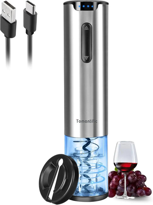 Electric Wine Opener Tomentific - Rechargeable Automatic Wine Corkscrew Bottle Opener With Foil Cutter, Stainless Steel