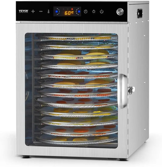 VEVOR Food Dehydrator Machine - Rotary 12 Stainless Steel Trays, 800W Electric Food Dryer with Adjustable Temp & 24-Hour Timer, Meat, Fruit, Herbs