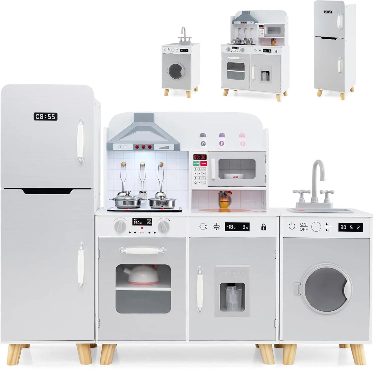 Costzon 3-Piece Play Kitchen - Kids Kitchen Playset w/Real Sounds & Lights