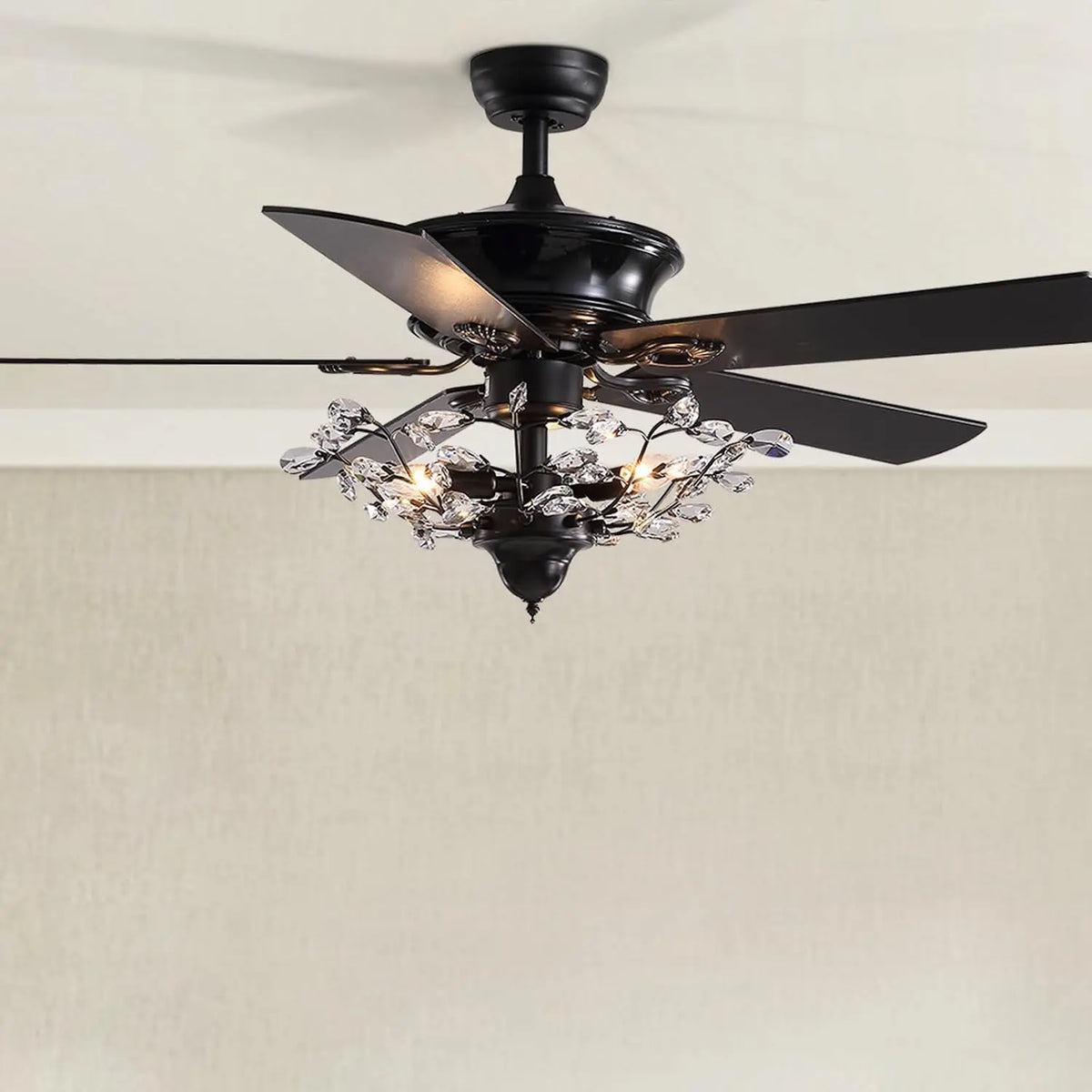 50 Inch Crystal Ceiling Fan with Lights and Remote - Black Vintage Chandelier Fan Light with Wood Blades, Reversible Motor, 6-Speed, Timer