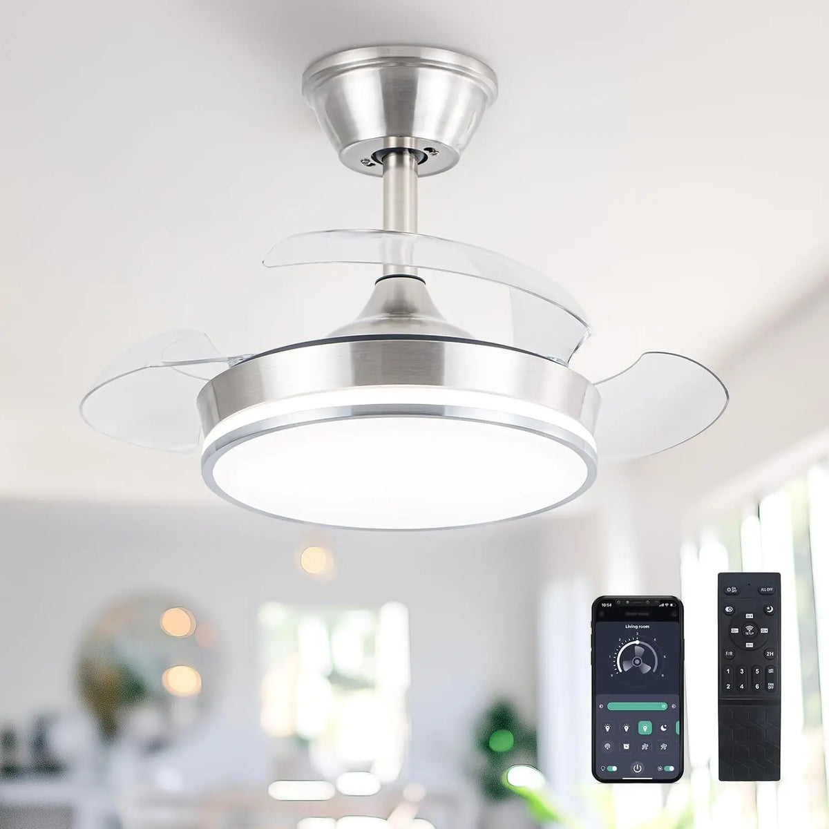 STERREN 30 Inch Retractable Ceiling Fans with Lights - Dimmable LED Ceiling Fan Remote Control, 3000K-6500K, 6 Speed, Brushed Nickel