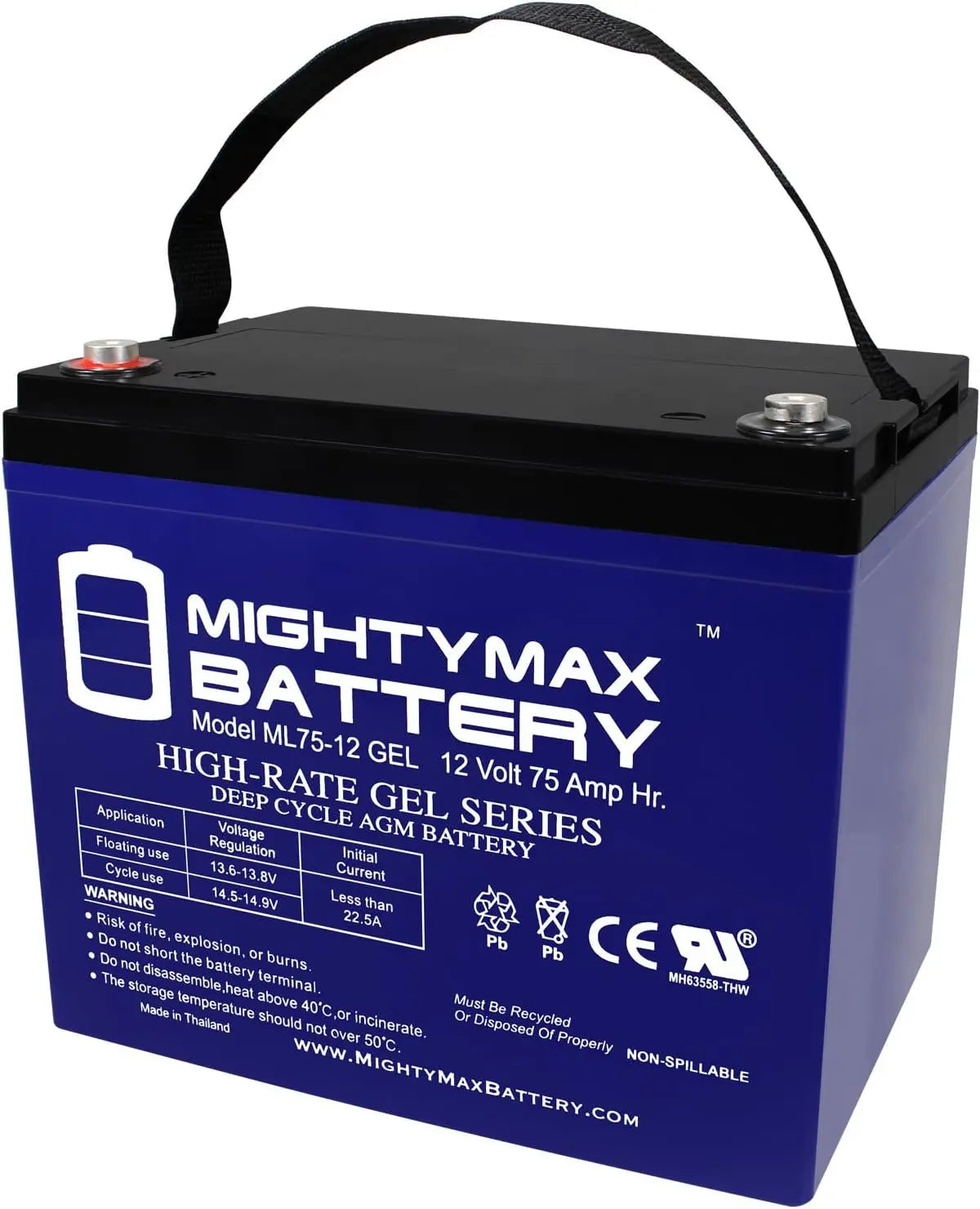 Mighty Max Battery ML75-12 GEL -12 Volt 75 AH - GEL Type, Internal Thread, INT, Terminal, Rechargeable SLA AGM Battery