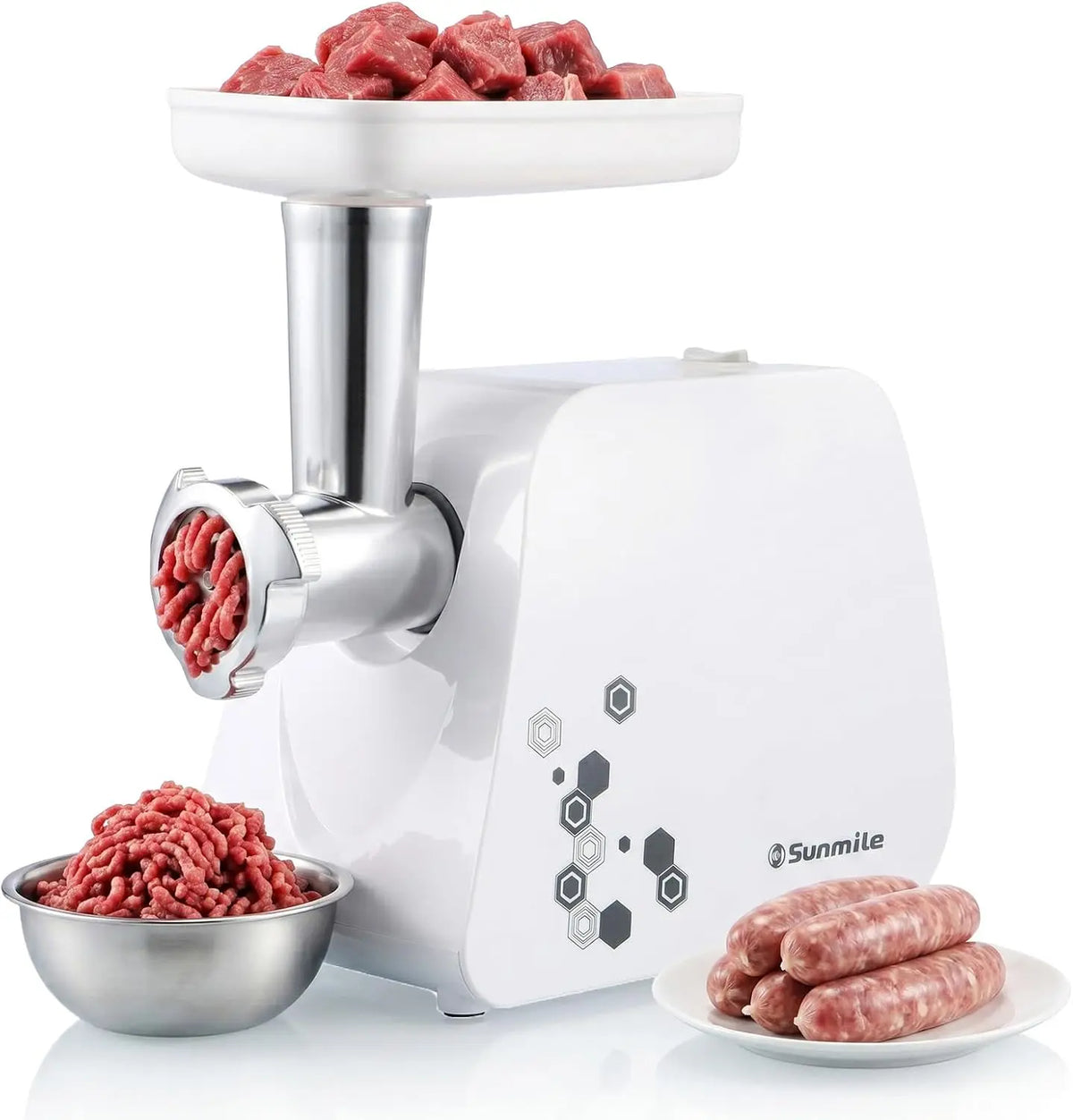 Sunmile Electric Meat Grinder and Sausage Maker - 1HP 1000W Max, Stainless Steel Cutting Blade and 3 Grinding Plates, 1 Big Sausage Staff Maker, White