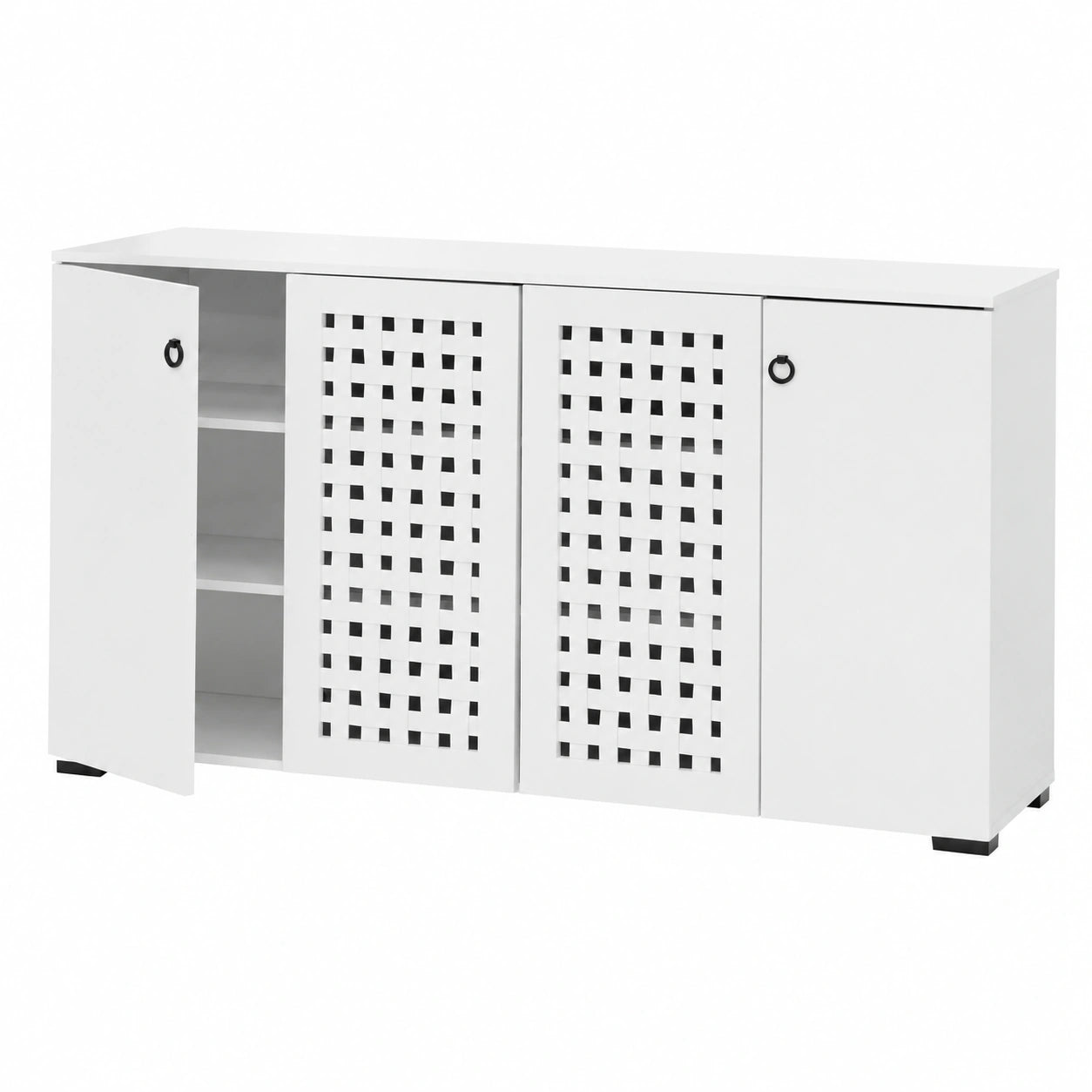 Credenza Moderna con Ante e Scomparti, Design Rattan, Bianco