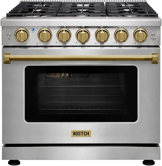 KOSTCH 36 Inch Professional Freestanding Pro-Style Natural Gas Range or Liquid Propane Gas Range - 6 Burners, 6.0 Cu. Ft. Oven Capacity, KOS-36RG03M