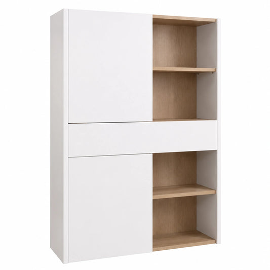 Libreria Moderna ABILE con Ante Scorrevoli e Cassetto, 123x180,9x35,4 cm, Bianco e Rovere