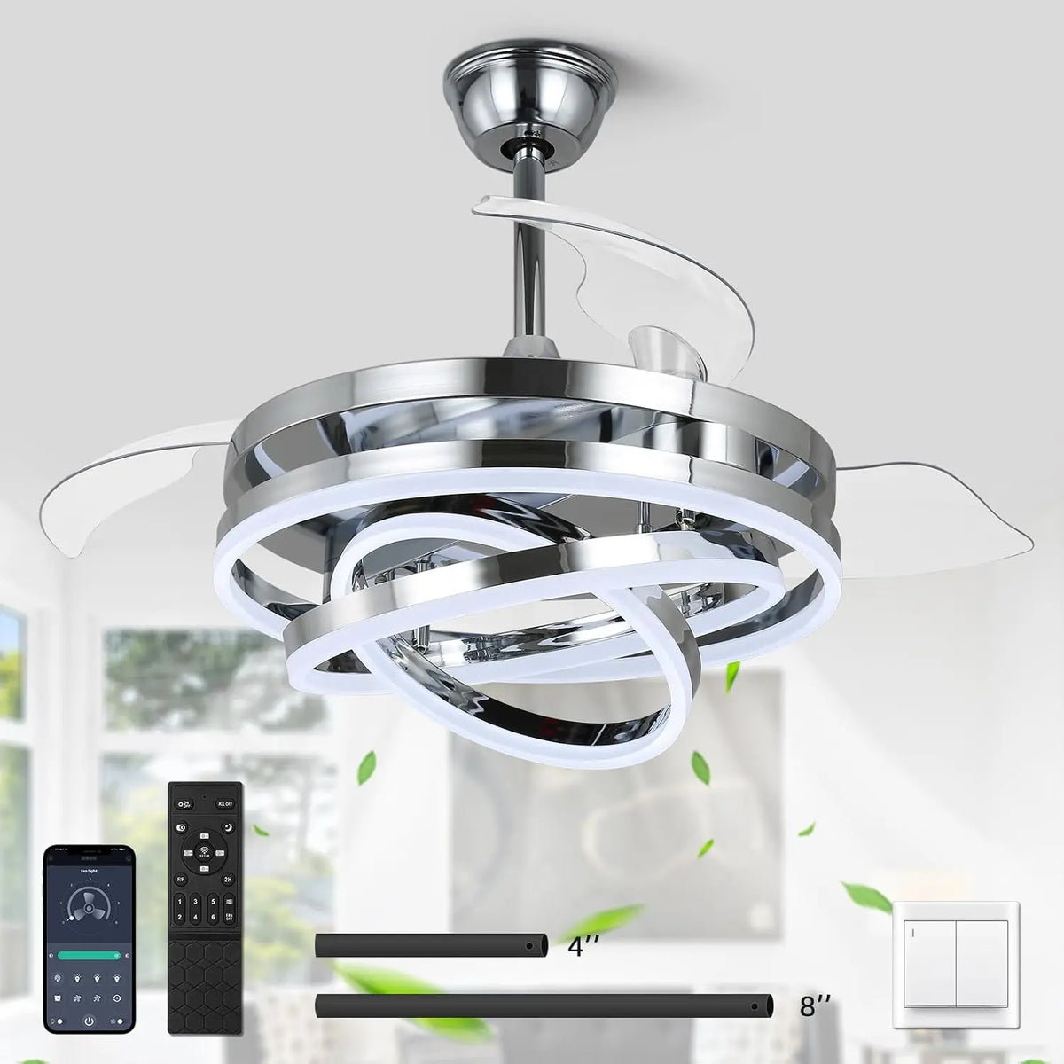 42 Inch Retractable Ceiling Fan - Modern Ceiling Fans with Lights and Remote, Silent DC Motor，Dimmable, Timer Setting, 6 Speed