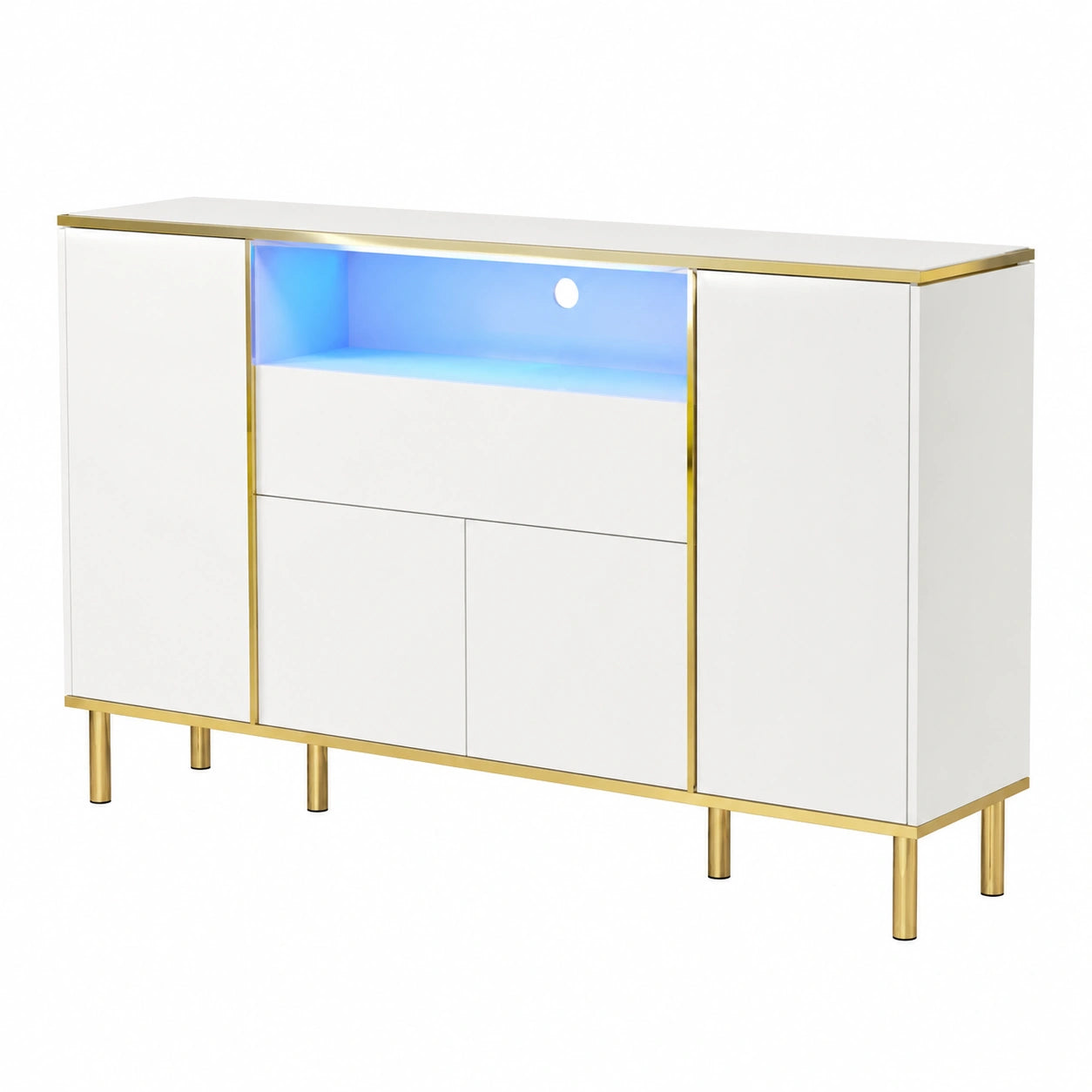 Madia Moderna con LED, Mobile per Soggiorno o Cucina, con Ante e Cassetti, 150x40x80 cm, Bianco Lucido