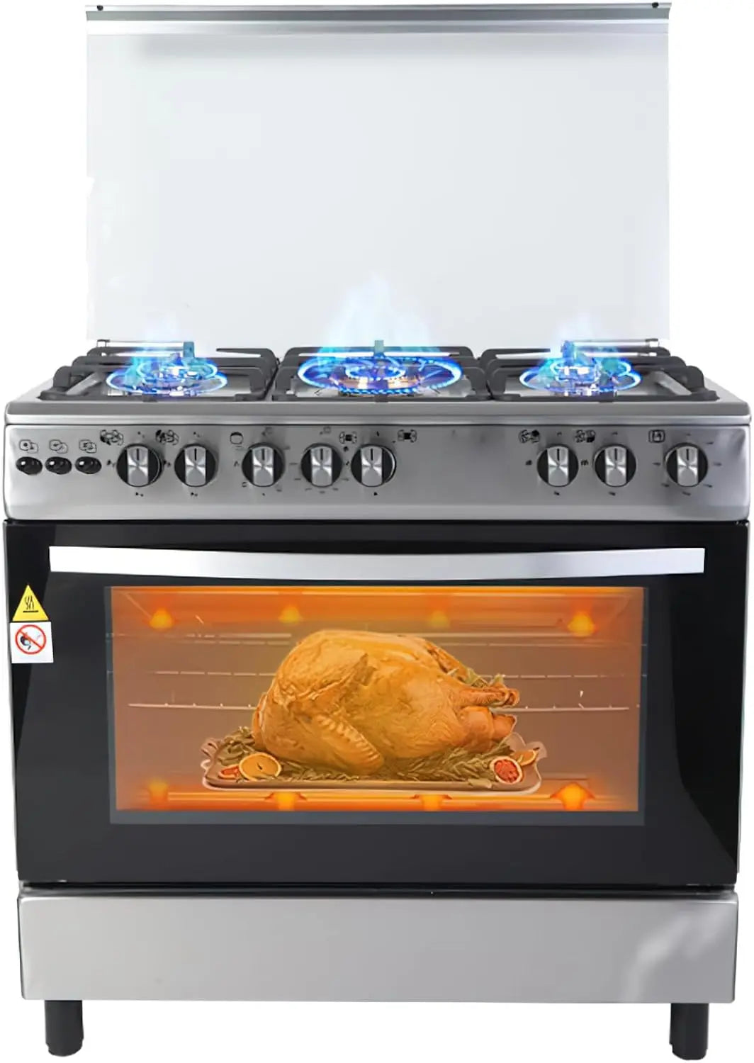 905E Gas Range with Electric Oven - 5 Burner Stainless Steel Stove, 90L Capacity, 35.43x23.62x33.46 Inch, Natural Gas/LPG Compatible
