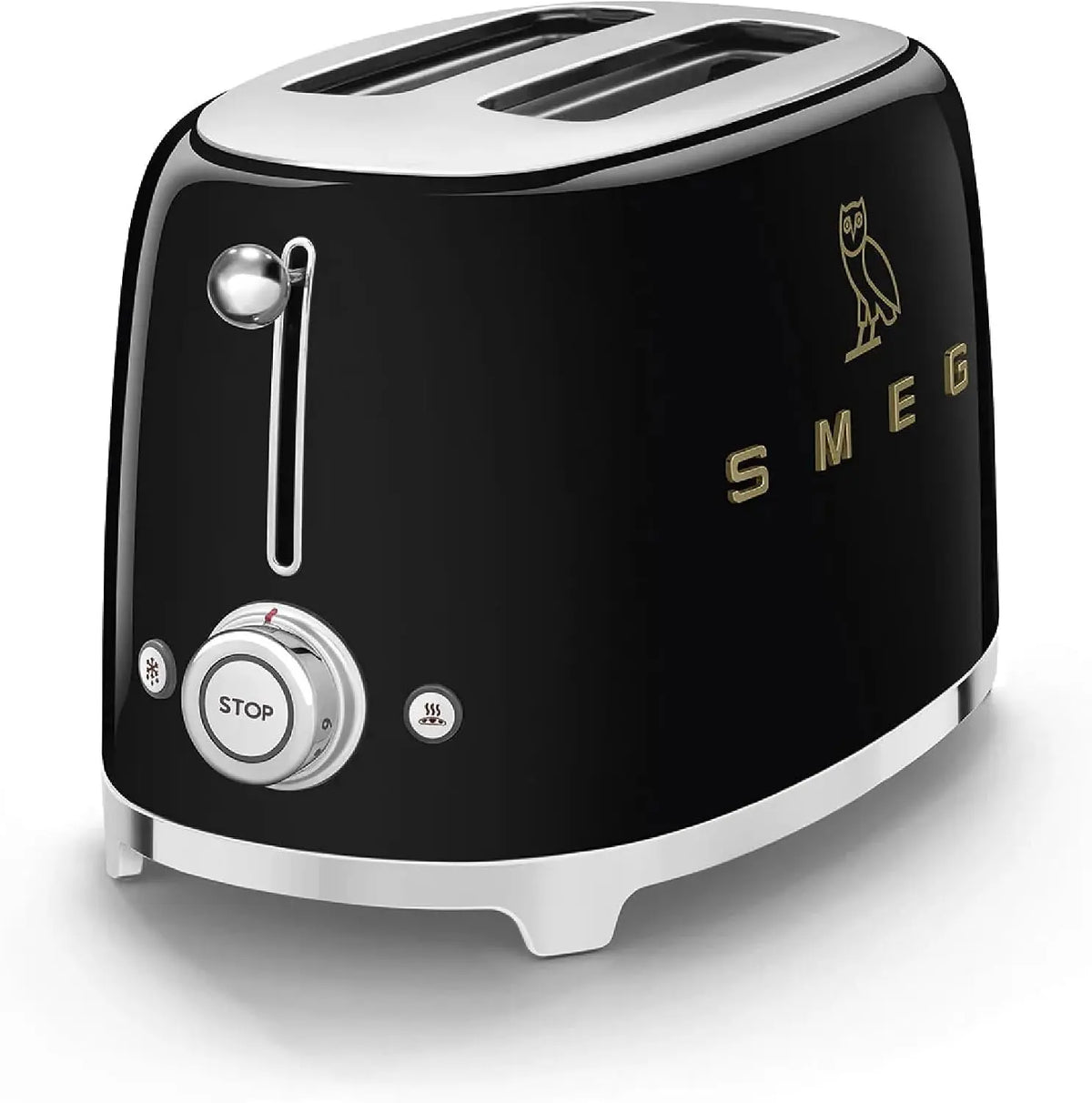 Smeg 2-Slice Toaster - Stainless Steel, OVO Collection, Two Slice Toaster with 6 Presets and Removable Crumb Tray, Glossy Black, Renewed