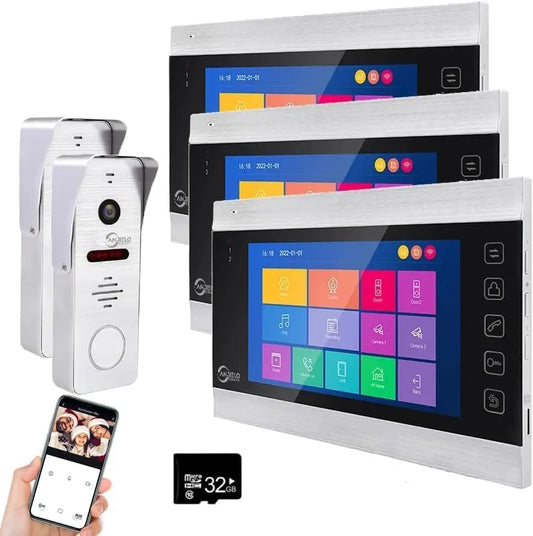 WiFi Video Intercom System with 1080P 7 Inch Touch Monitor System - Wired, two doorbell three Monitor