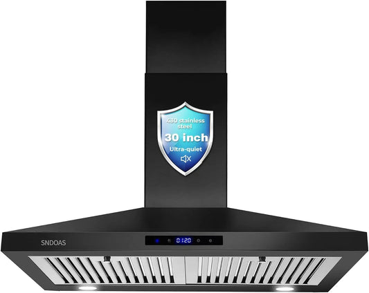 SNDOAS Black Range Hood 30 Inch - Stainless Steel Wall Mounted Kitchen Hood with Touch Controls, Ducted/Ductless Convertible, Baffle Filters
