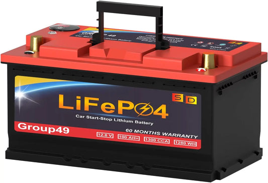 LiFePO4 Lithium Car Battery - 12V 100AH 1300CCA Group 49 Starting-Stop Battery, Built-in Smart BMS, for Automotive Car, 60 Months Warranty