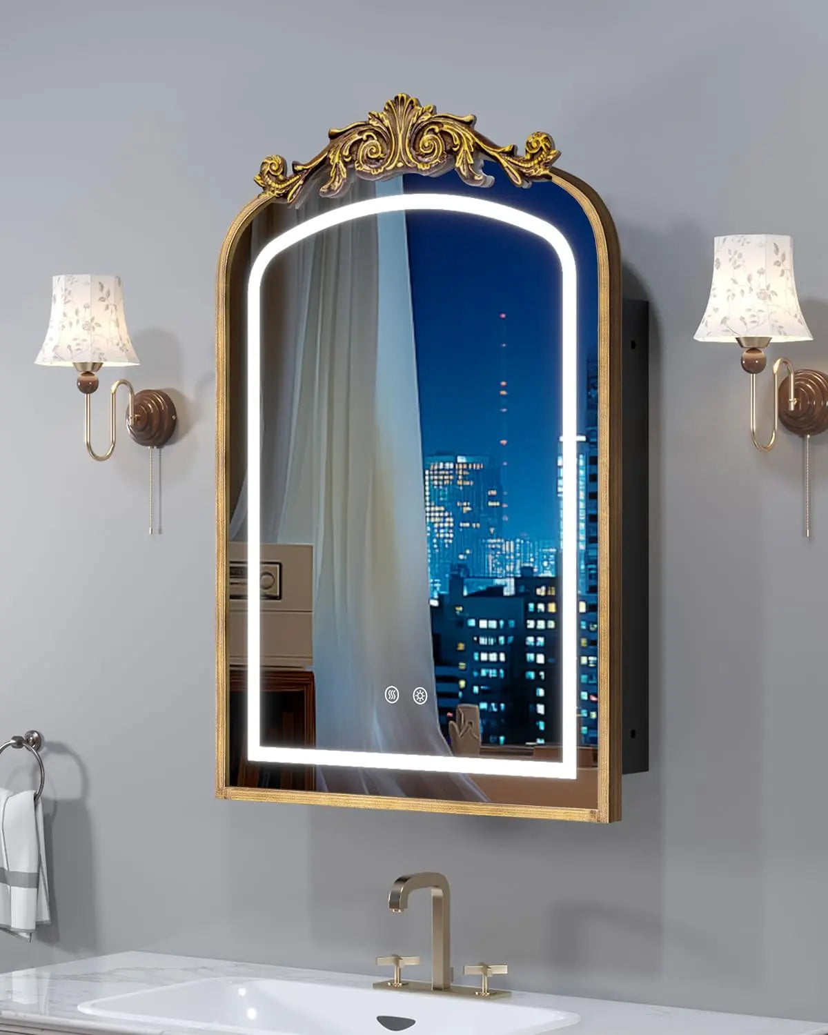 20x30 Inch LED Bathroom Medicine Cabinet with Mirror and Lights - Bronze Hand-Painted Baroque Bathroom Storage with Mirror, Recessed / Wall Mounted