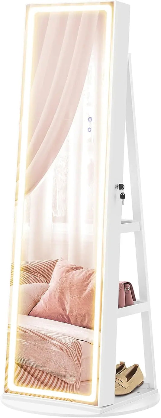 SONGMICS LED Mirror Jewelry Cabinet Standing - Adjustable Lights, Lockable