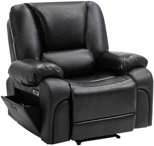 Power Recliner Chair - Genuine Leather Massage Recliner Chair with Heat, Recliner Chair for Living Room, Cup Holder and Storage Armrest, Black