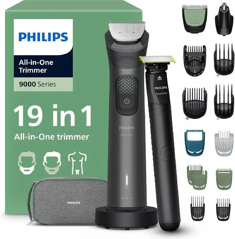Philips Multigroom 9000 Series All-in-One Trimmer 19 Accessories + OneBlade Men's Razor - Beard Hair & Body Trimmer Set, 27 Cutting Heights, 0.3-20mm