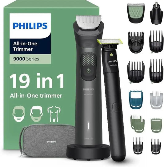Philips Multigroom 9000 Series All-in-One Trimmer 19 Accessories + OneBlade Men's Razor - Beard Hair & Body Trimmer Set, 27 Cutting Heights, 0.3-20mm