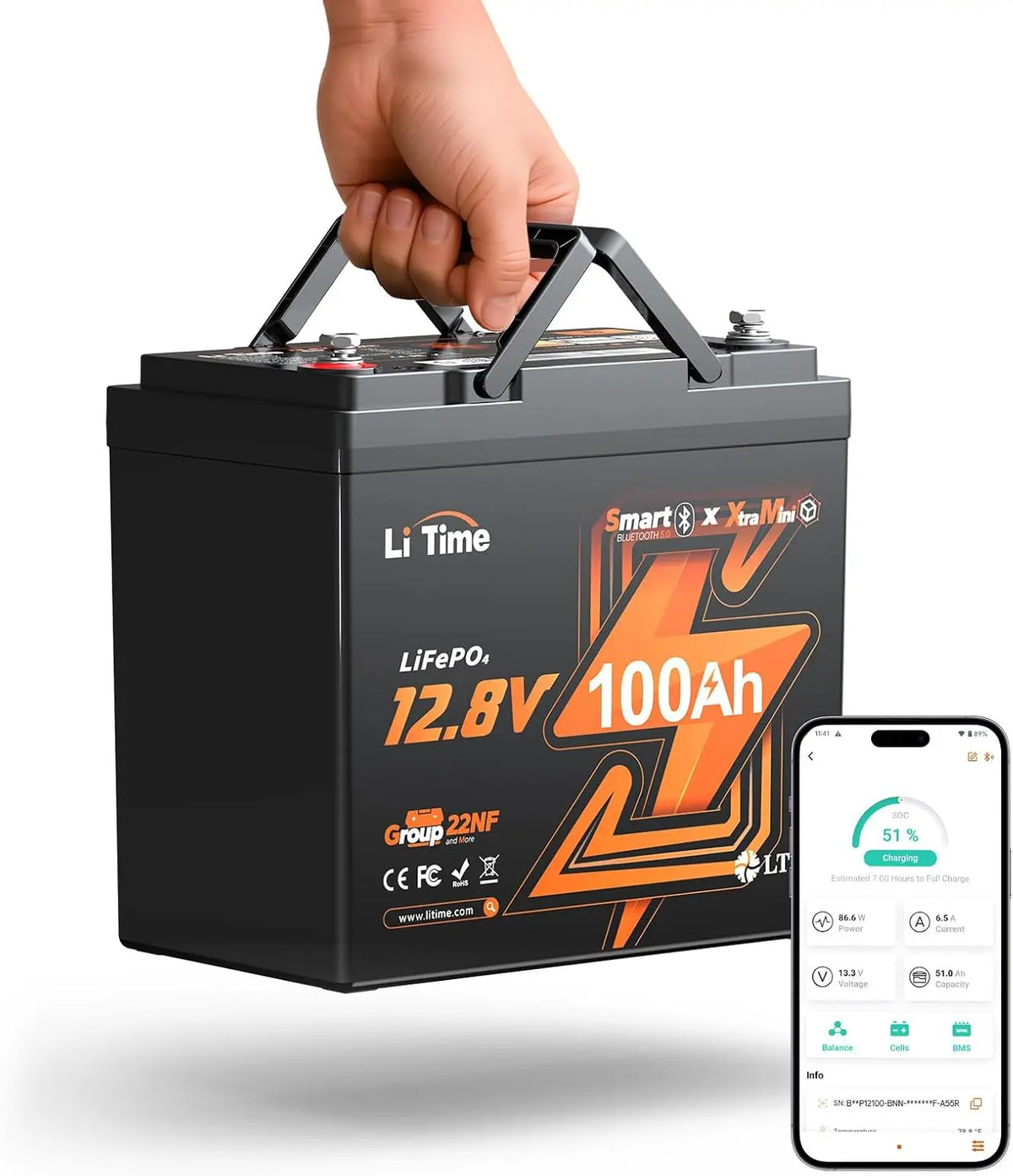 Litime 12V 100Ah Xtra Mini LiFePO4 Lithium Battery for RV - Camper, Boat
