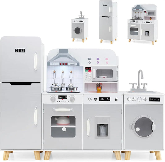 GLACER Play Kitchen - 3-Piece Wooden Toy Kitchen w/Realistic Sounds and Lights, Refrigerator, Washing Machine, Range Hood, Stove, Ice Maker