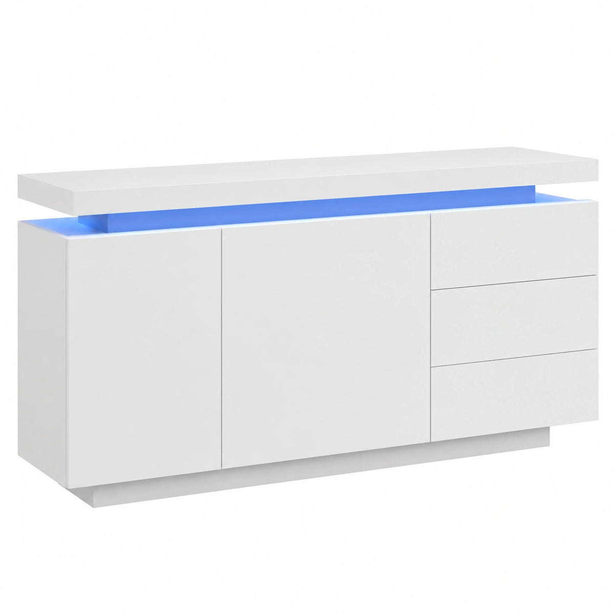 Credenza Moderna con LED per Cucina e Soggiorno, 2 Ante e 3 Cassetti, Bianco Lucido