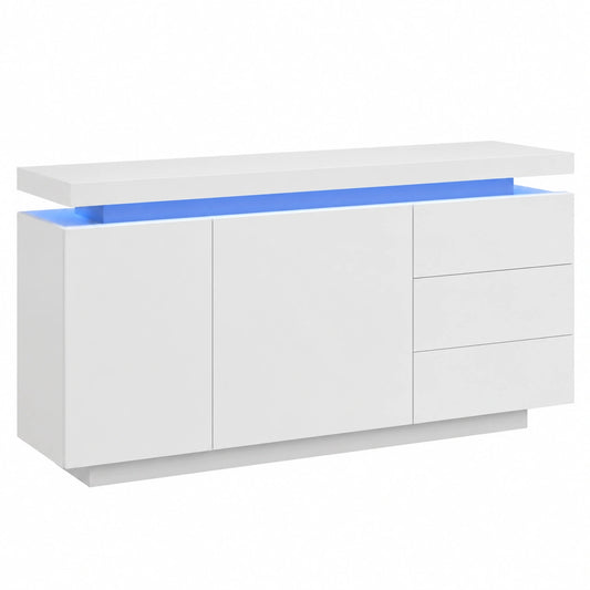 Credenza Moderna con LED per Cucina e Soggiorno, 2 Ante e 3 Cassetti, Bianco Lucido