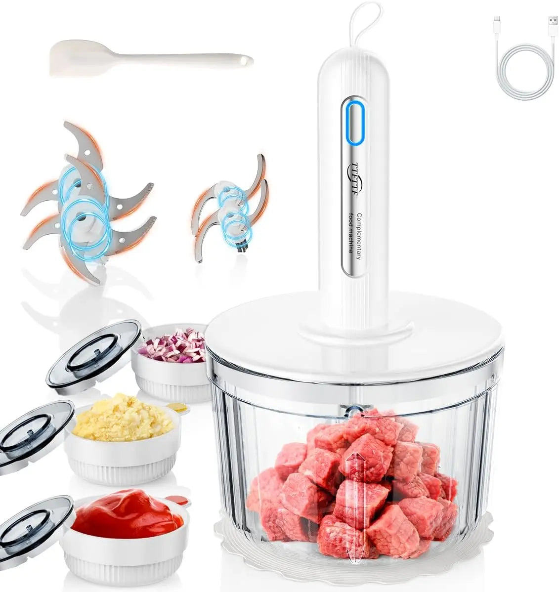 Glass Food Processor with 4 Blades & 4 Bowls - 8 Cup + 3x0.5 Cup, Small Food Processor& Meat Grinder, Compact Design for Meal Prep, Baby Food, Sauces