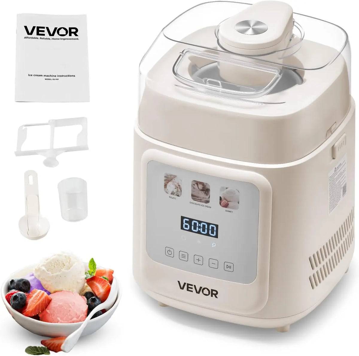 VEVOR Upright Automatic Ice Cream Maker with Built-in Compressor - 1 Quart No Pre-freezing Gelato Maker & Frozen Yogurt Machine
