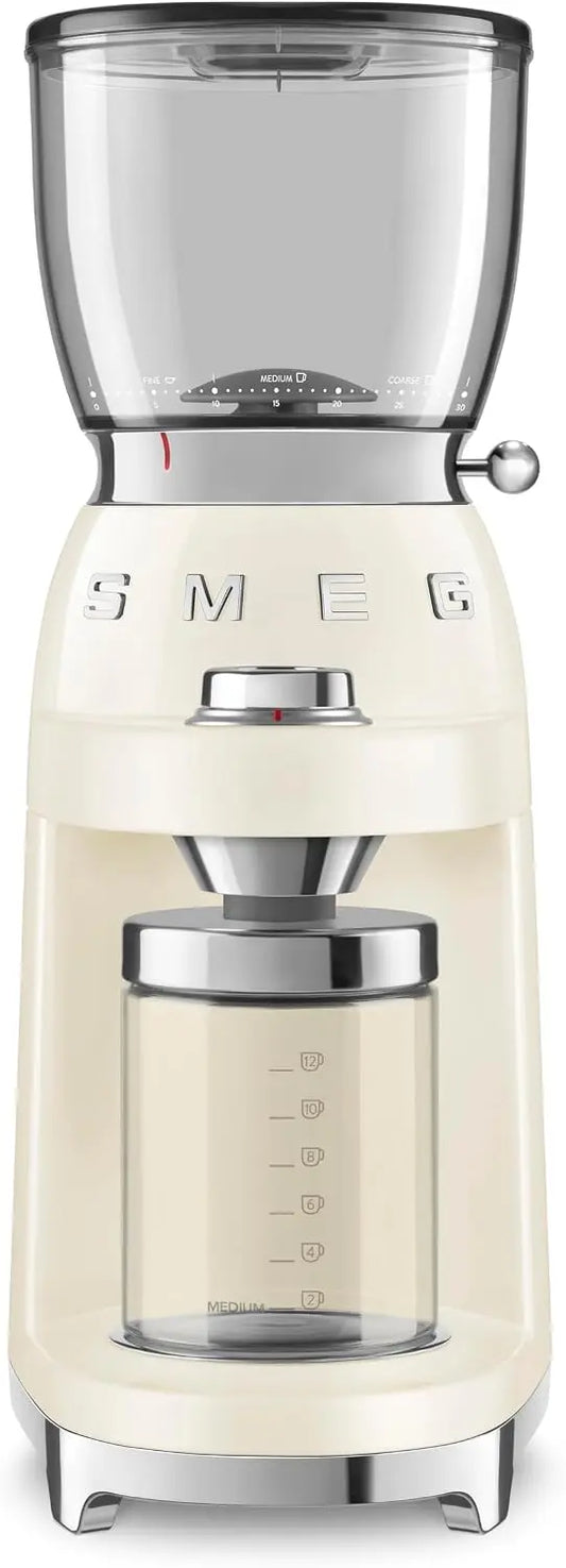 SMEG CGF11 Retro-Style Coffee Grinder - Burr Mill with 30 Grind Settings, Stainless Steel Conical Burrs, Removable Hopper, Drip, French Press-Cream