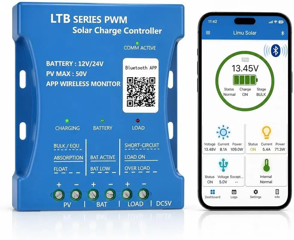 Solar Charge Controller 20A with Bluetooth - 12V/24V Auto Detect, LCD Display & USB Port, Compatible LiFePO4 Lithium Gel AGM Sealed, iOS/Android