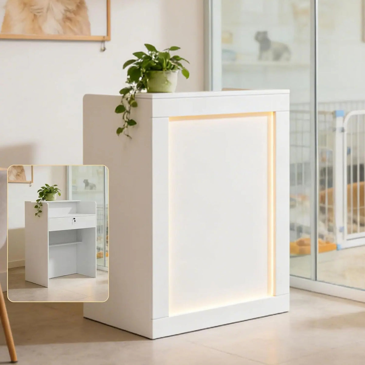 Reception Desk with Counter Modern Front Desk with Lockable Drawer Retail Checkout Counter with LED Light for Office Clothing Store Lobby Beauty Salon
